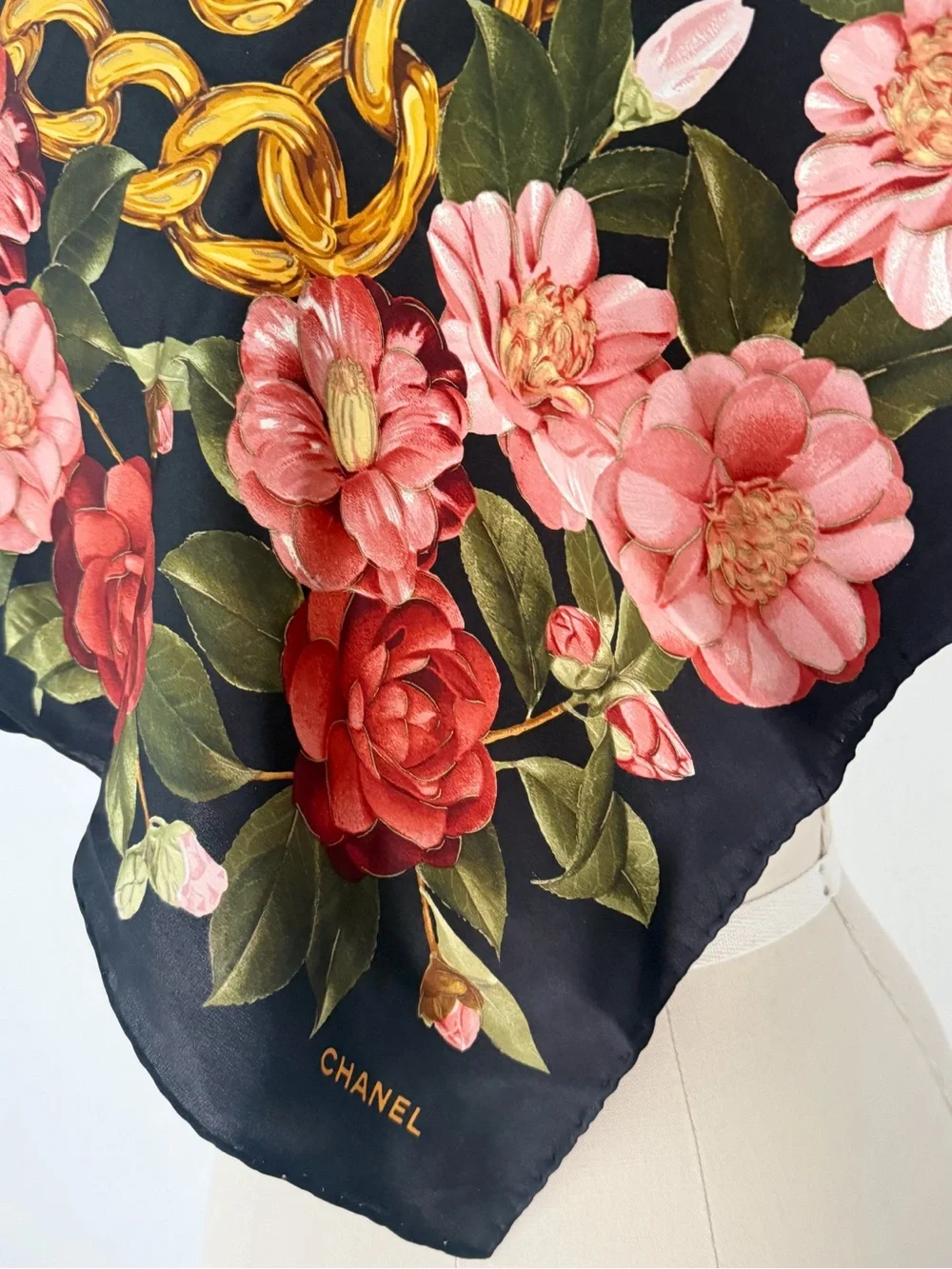 Vintage CHANEL Silk Scarf Camellia Gold Chain Print Made in Italy 33” Square